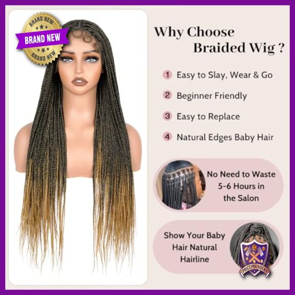 30 Inch Human Hair Blended Braided Wig Glueless Lace Front Lightweight